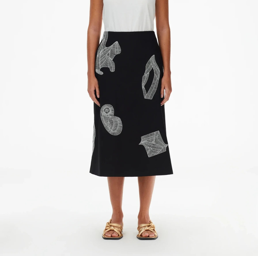 Tibi Crochet Embroidered A-Line Midi Skirt Sz 2 Black Wool Minimalist New $795